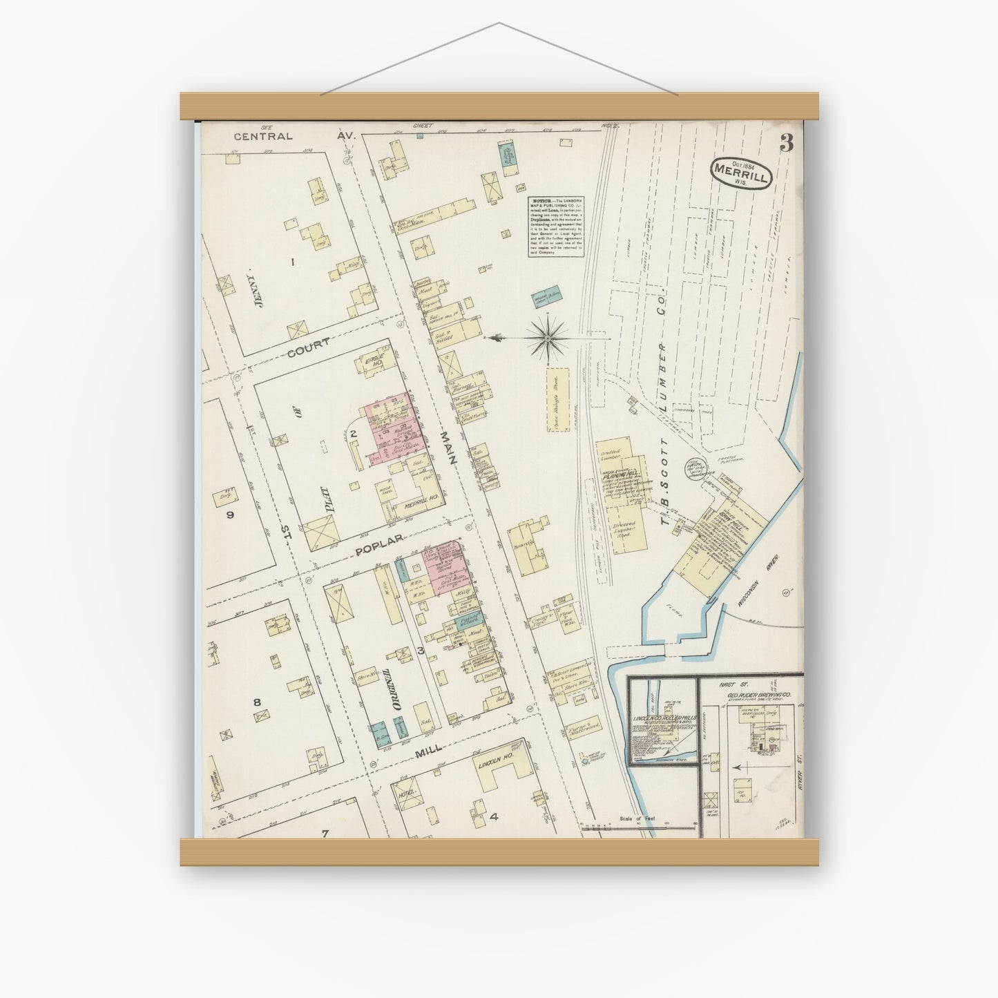 Old map wall art mockup — magnetic wood frame on white wall — Sanborn Fire Insurance Map from Merrill, Lincoln County, Wisconsin (1884), Sheet #0003