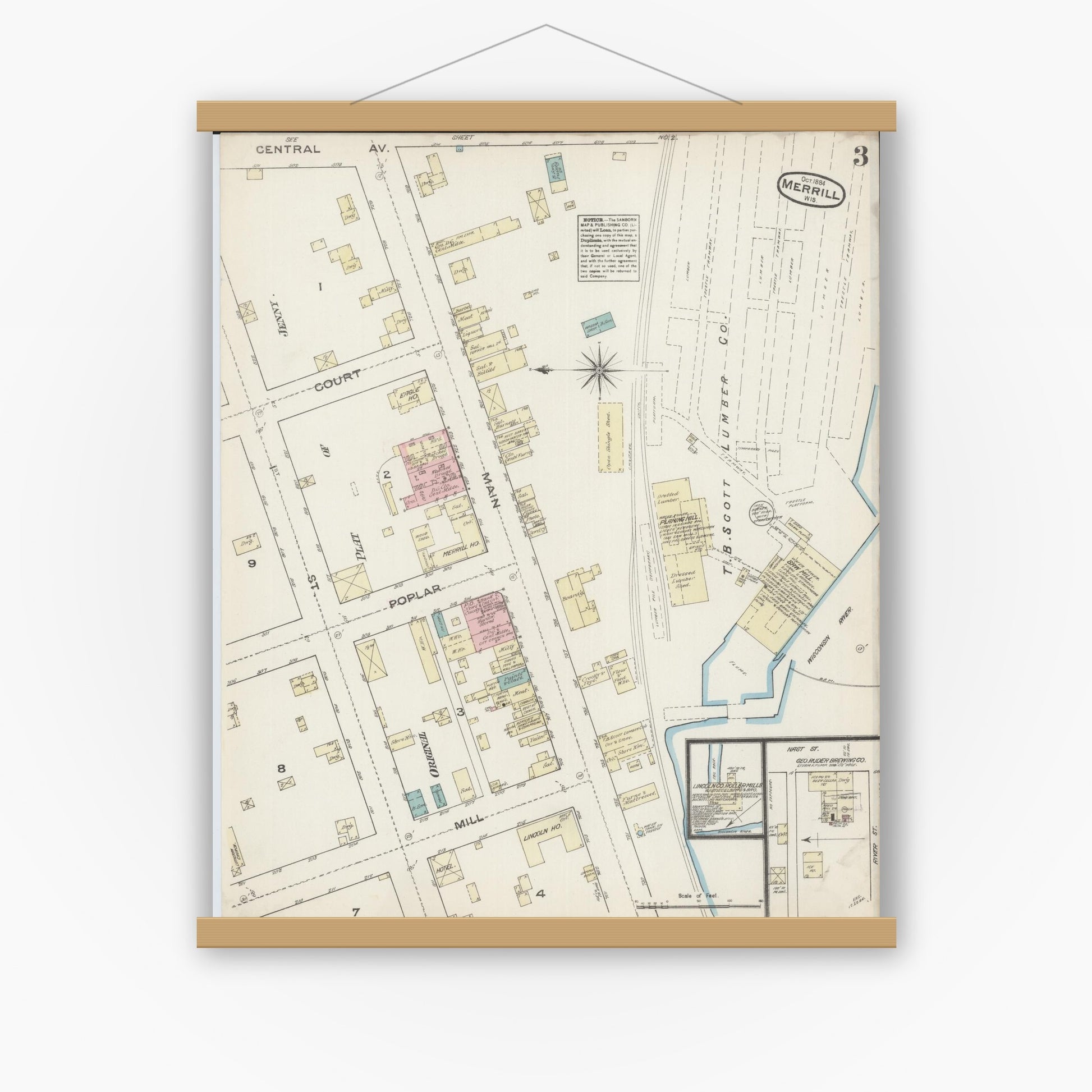 Old map wall art mockup — magnetic wood frame on white wall — Sanborn Fire Insurance Map from Merrill, Lincoln County, Wisconsin (1884), Sheet #0003