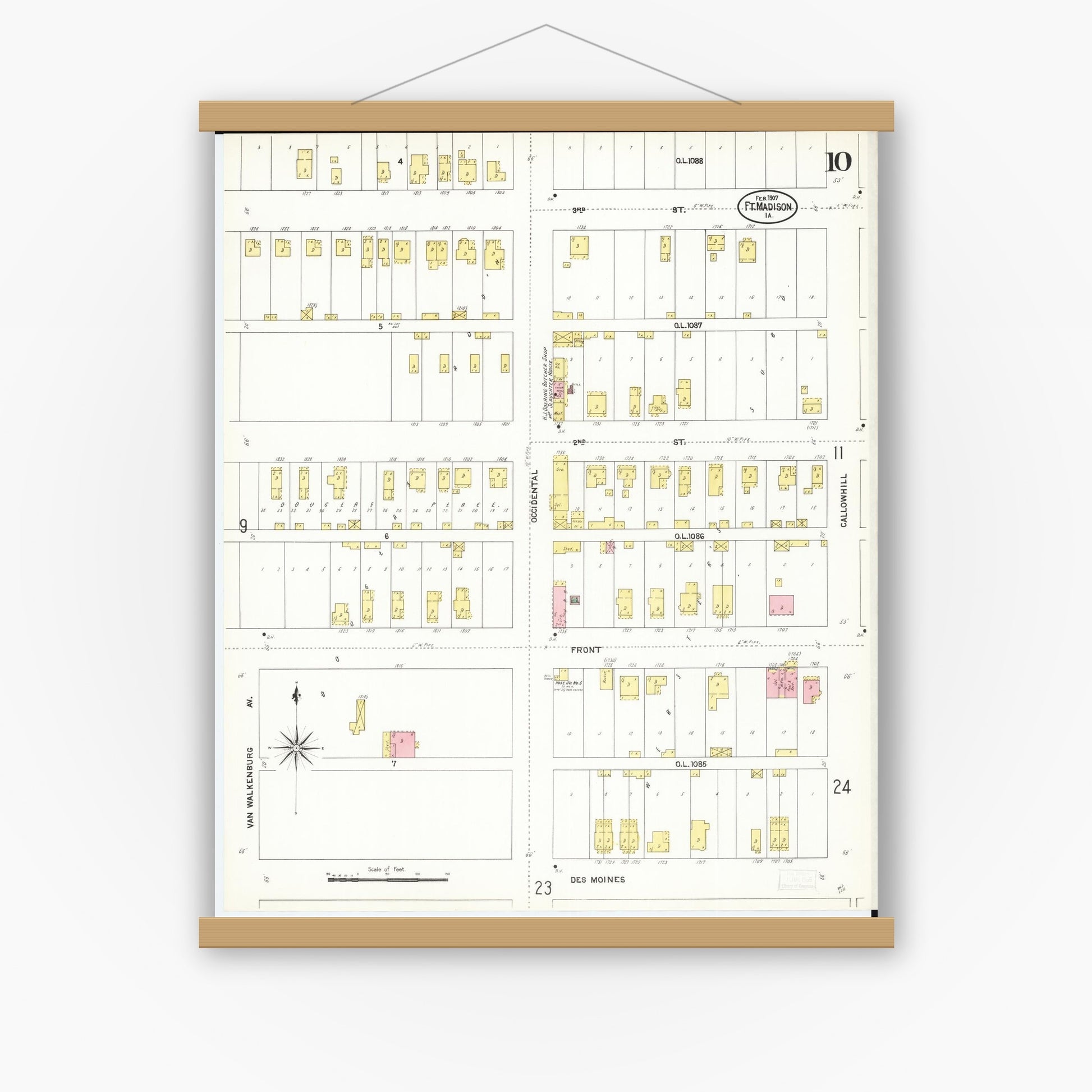 Old map wall art mockup — magnetic wood frame on white wall — Sanborn Fire Insurance Map from Fort Madison, Lee County, Iowa (1907), Sheet #0010
