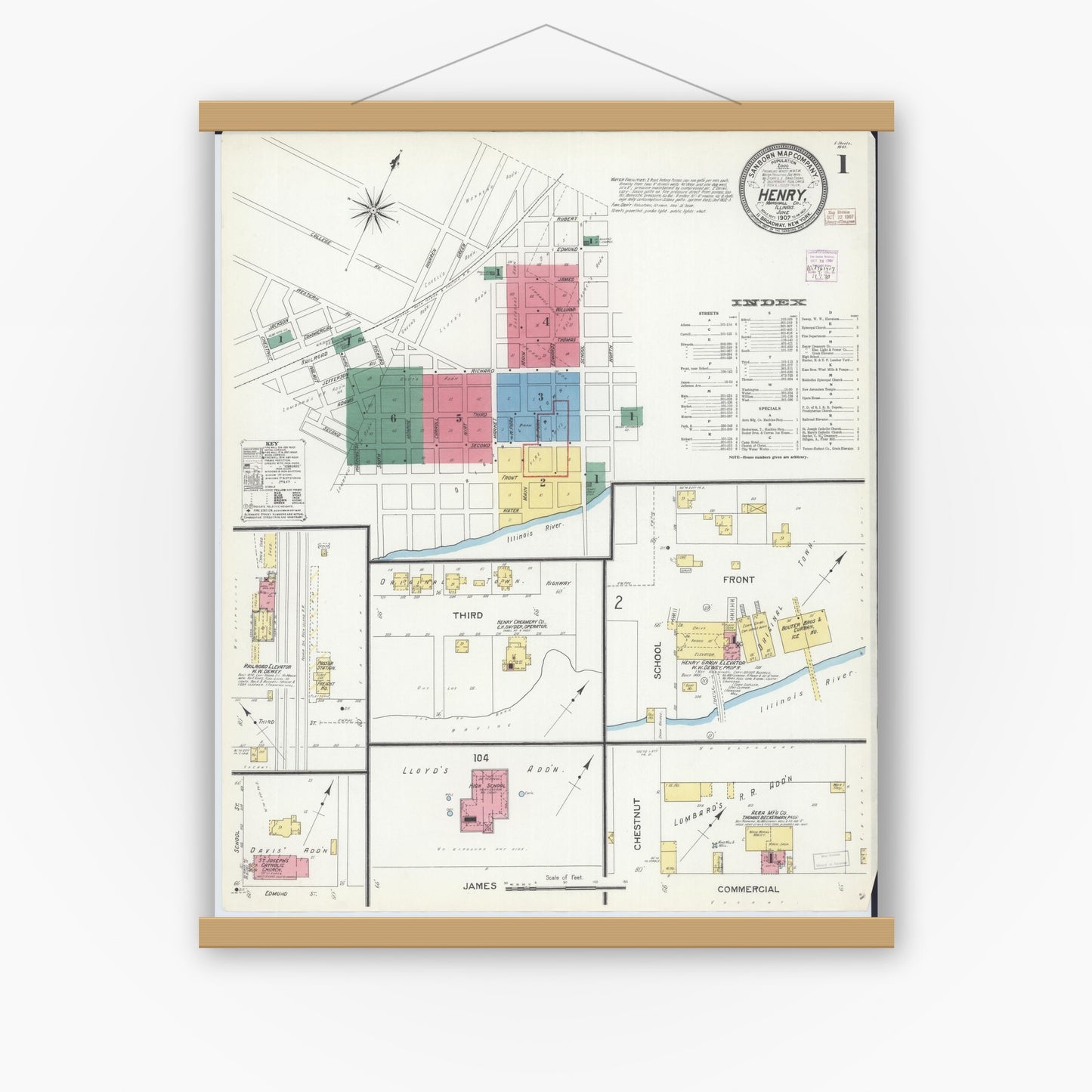 Old map wall art mockup — magnetic wood frame on white wall — Sanborn Fire Insurance Map from Henry, Marshall County, Illinois (1907) - Complete Map Set