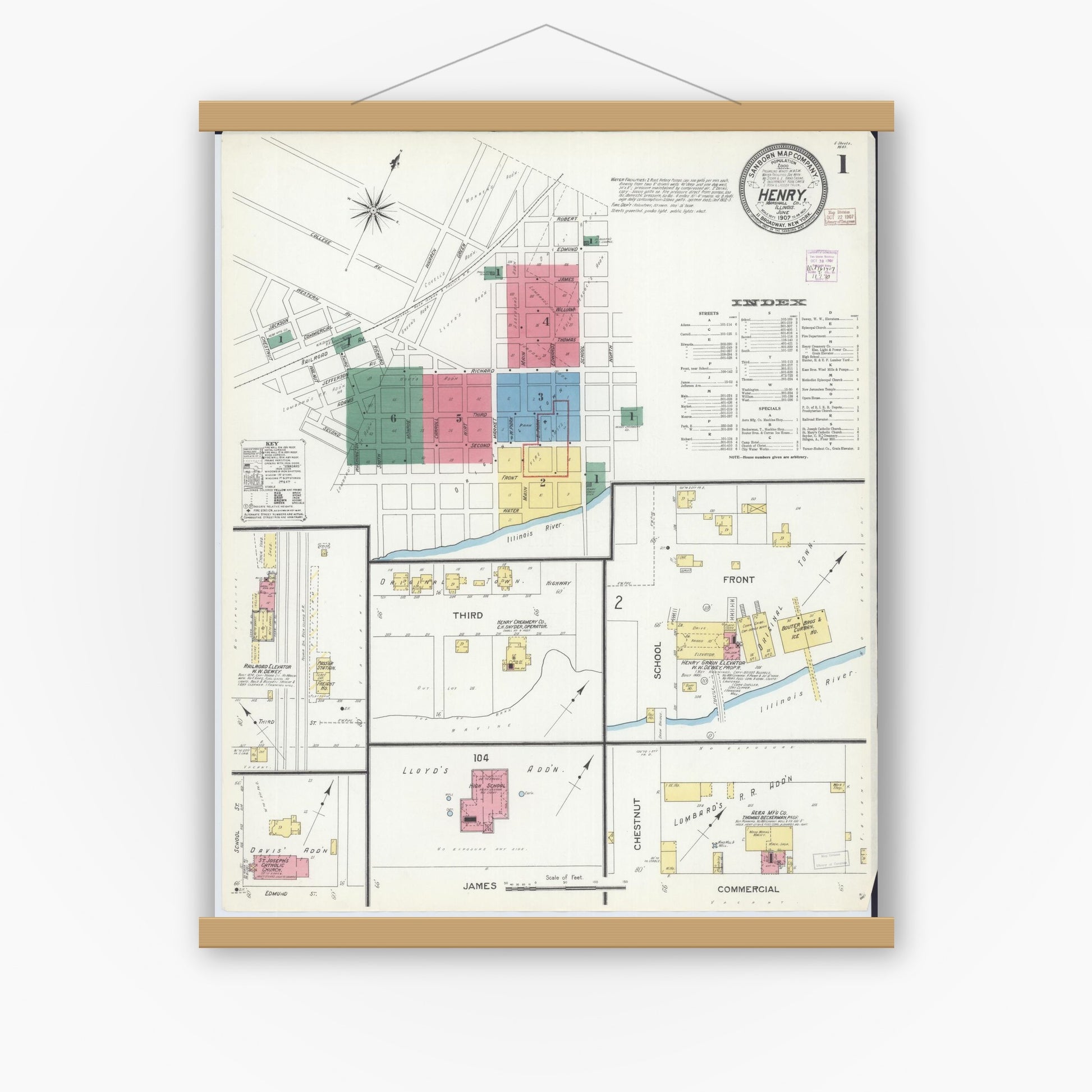Old map wall art mockup — magnetic wood frame on white wall — Sanborn Fire Insurance Map from Henry, Marshall County, Illinois (1907) - Complete Map Set