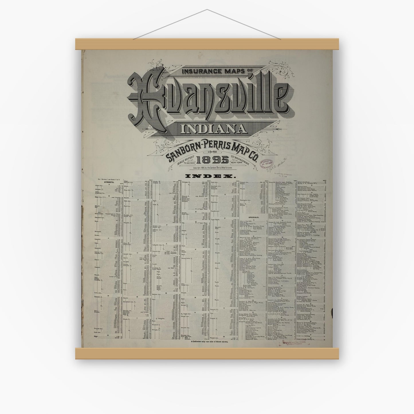 Old map wall art mockup — magnetic wood frame on white wall — Sanborn Fire Insurance Map from Evansville, Vanderburgh County, Indiana (1895), Sheet #0001
