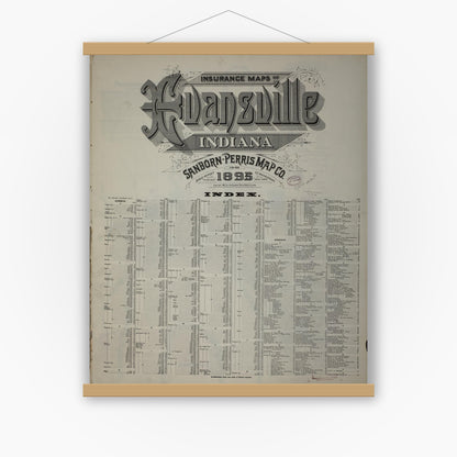 Old map wall art mockup — magnetic wood frame on white wall — Sanborn Fire Insurance Map from Evansville, Vanderburgh County, Indiana (1895), Sheet #0001