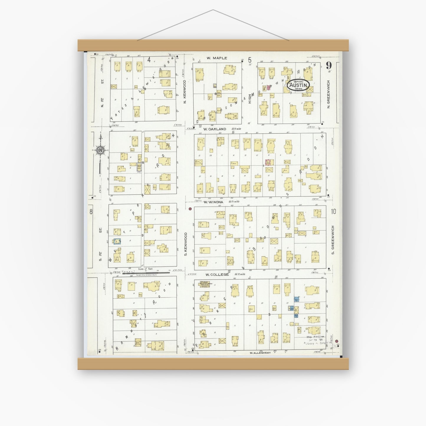 Old map wall art mockup — magnetic wood frame on white wall — Sanborn Fire Insurance Map from Austin, Mower County, Minnesota (1917), Sheet #0009