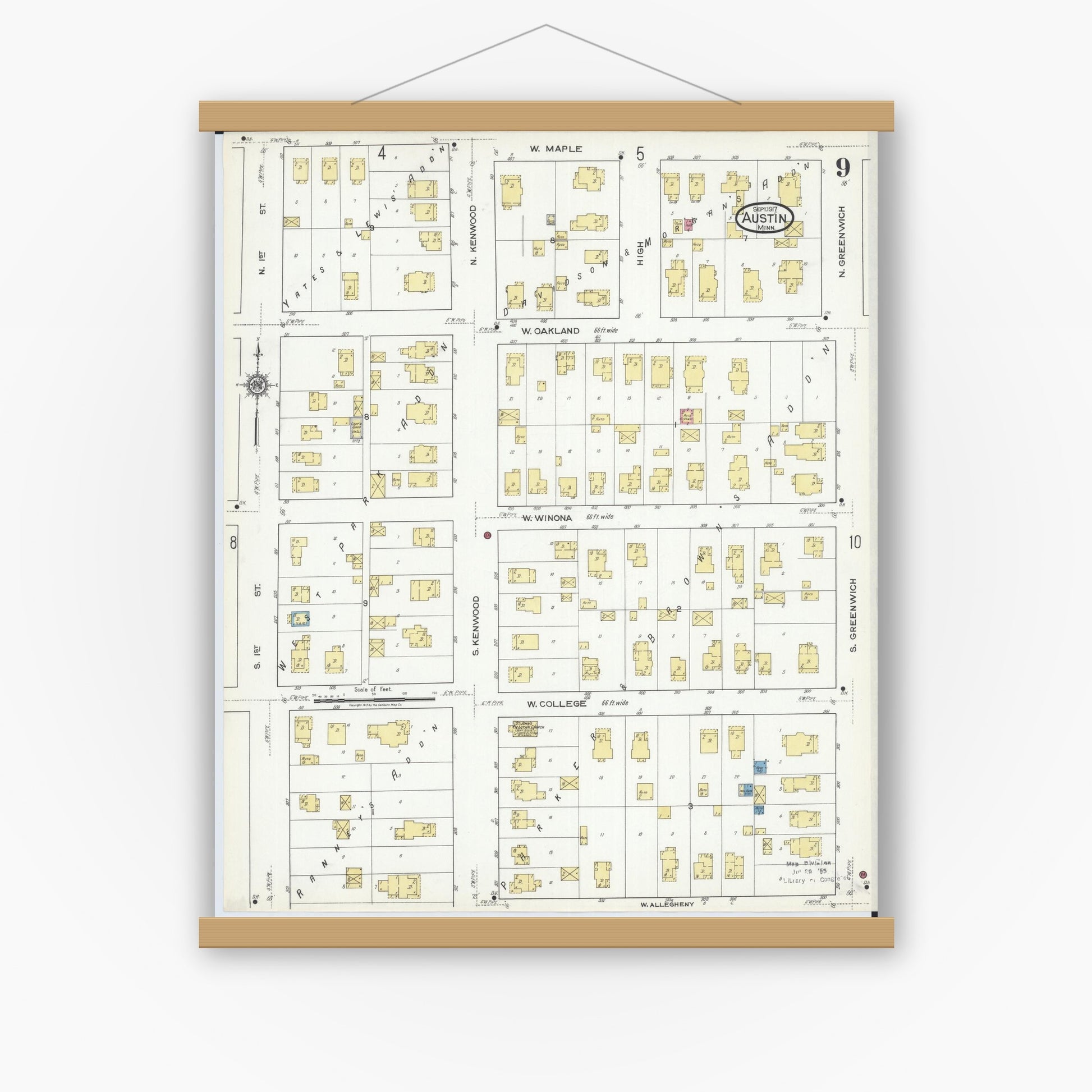Old map wall art mockup — magnetic wood frame on white wall — Sanborn Fire Insurance Map from Austin, Mower County, Minnesota (1917), Sheet #0009