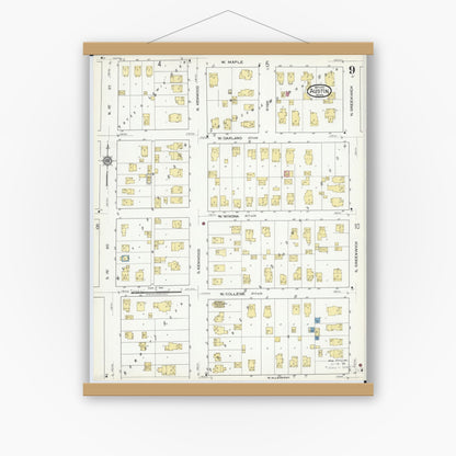 Old map wall art mockup — magnetic wood frame on white wall — Sanborn Fire Insurance Map from Austin, Mower County, Minnesota (1917), Sheet #0009