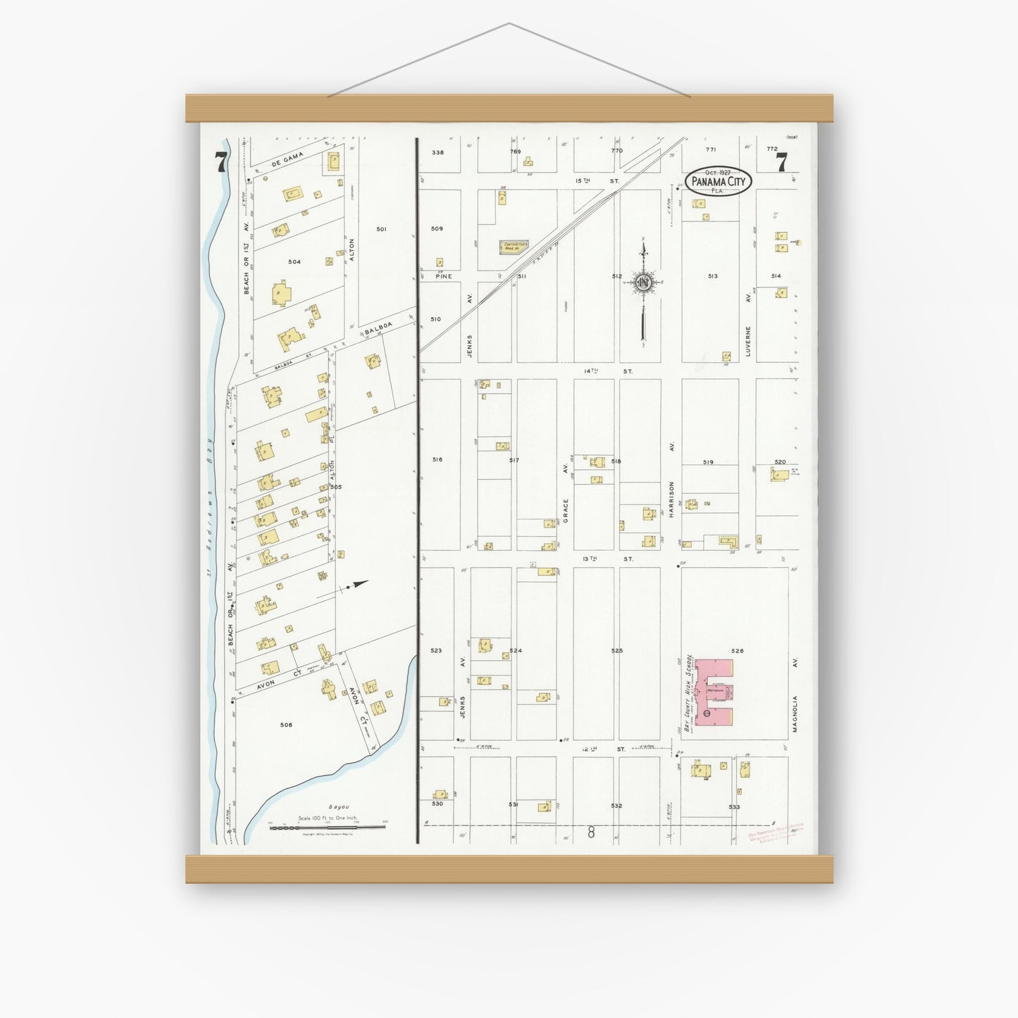 Old map wall art mockup — magnetic wood frame on white wall — Sanborn Fire Insurance Map from Panama City, Bay County, Florida (1927), Sheet #0007