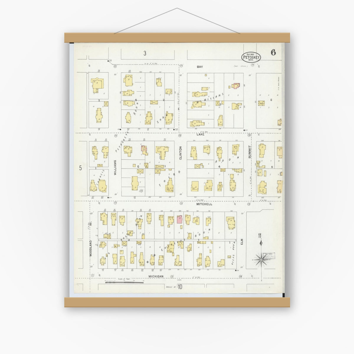 Old map wall art mockup — magnetic wood frame on white wall — Sanborn Fire Insurance Map from Petoskey, Emmet County, Michigan (1901), Sheet #0006
