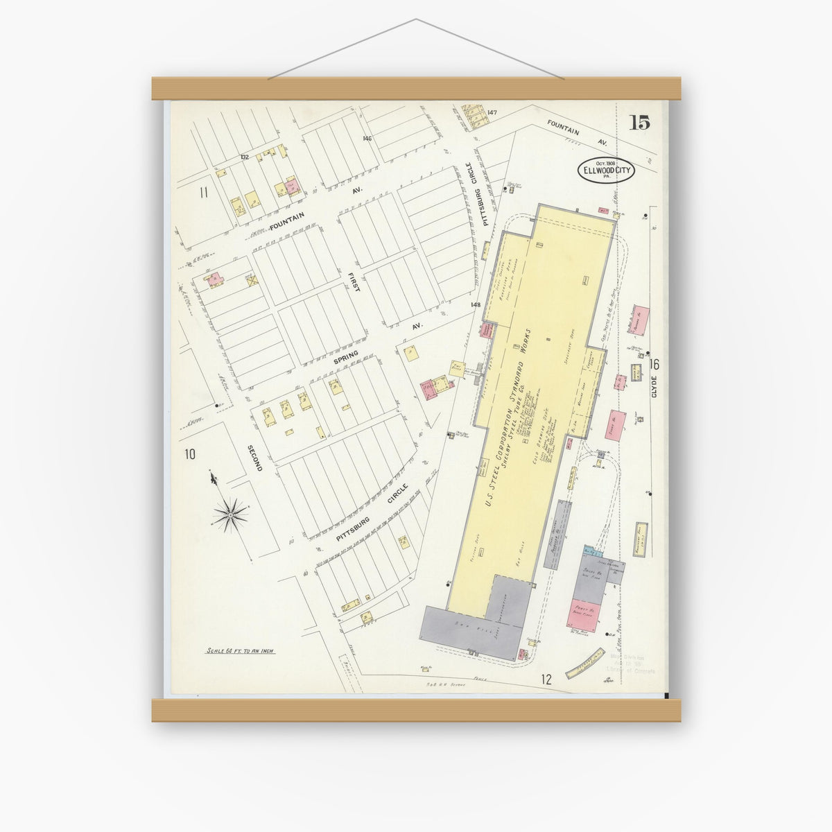 Old map wall art mockup — magnetic wood frame on white wall — Sanborn Fire Insurance Map from Ellwood City, Lawrence County, Pennsylvania (1908), Sheet #0015