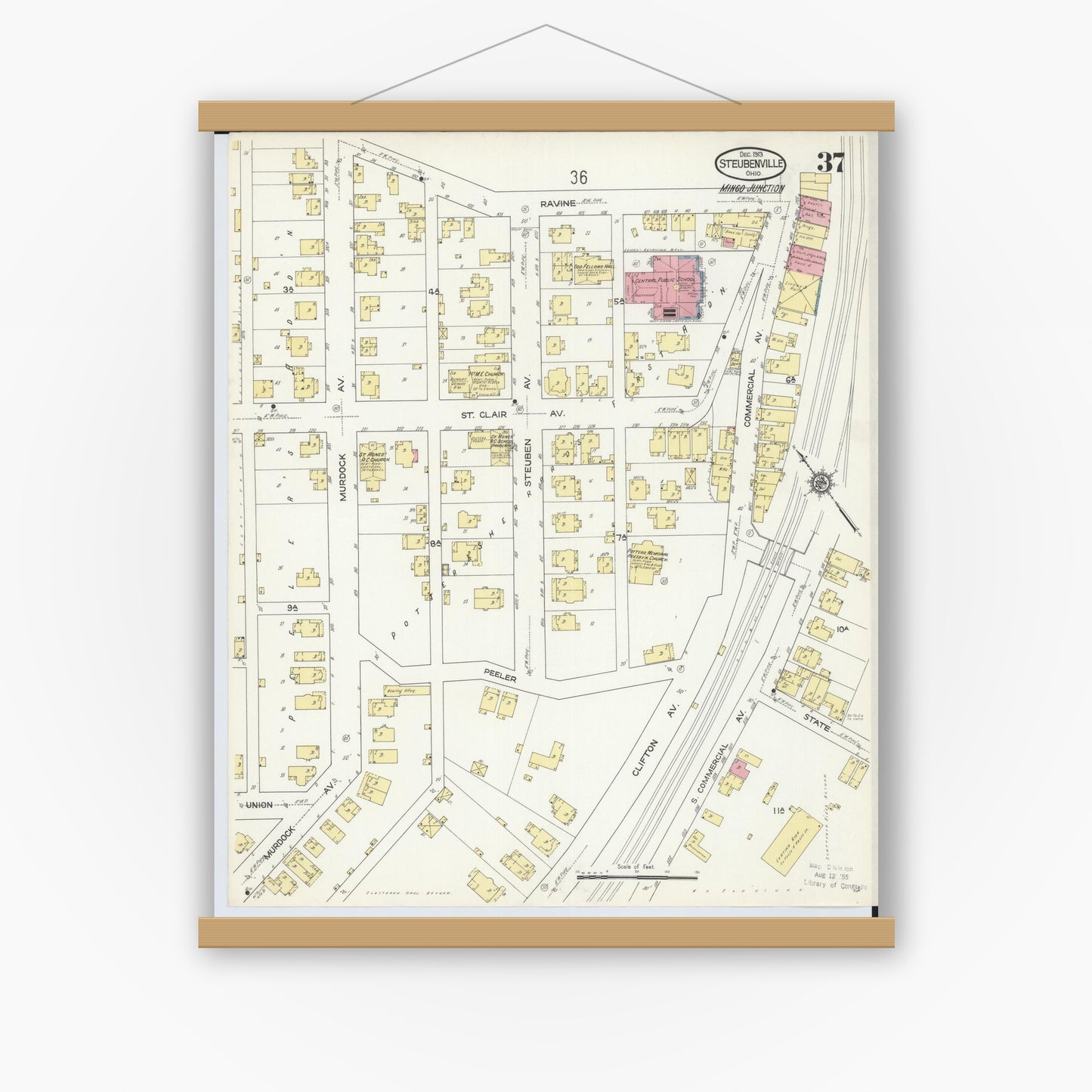 Old map wall art mockup — magnetic wood frame on white wall — Sanborn Fire Insurance Map from Steubenville, Jefferson County, Ohio (1913), Sheet #0037