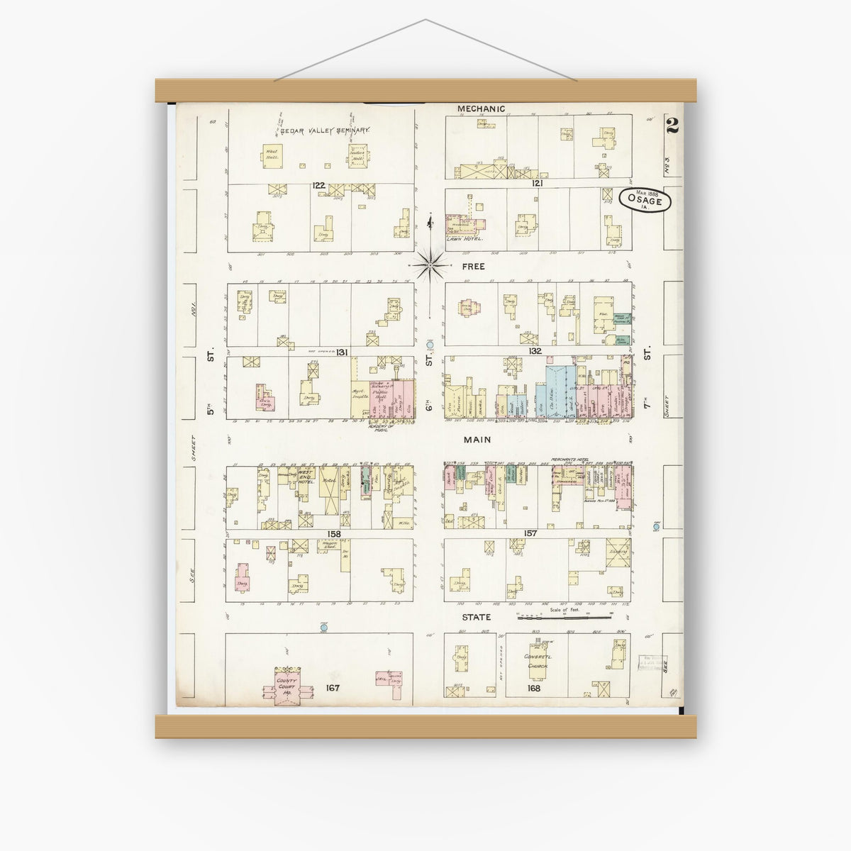 Old map wall art mockup — magnetic wood frame on white wall — Sanborn Fire Insurance Map from Osage, Mitchell County, Iowa (1888), Sheet #0002