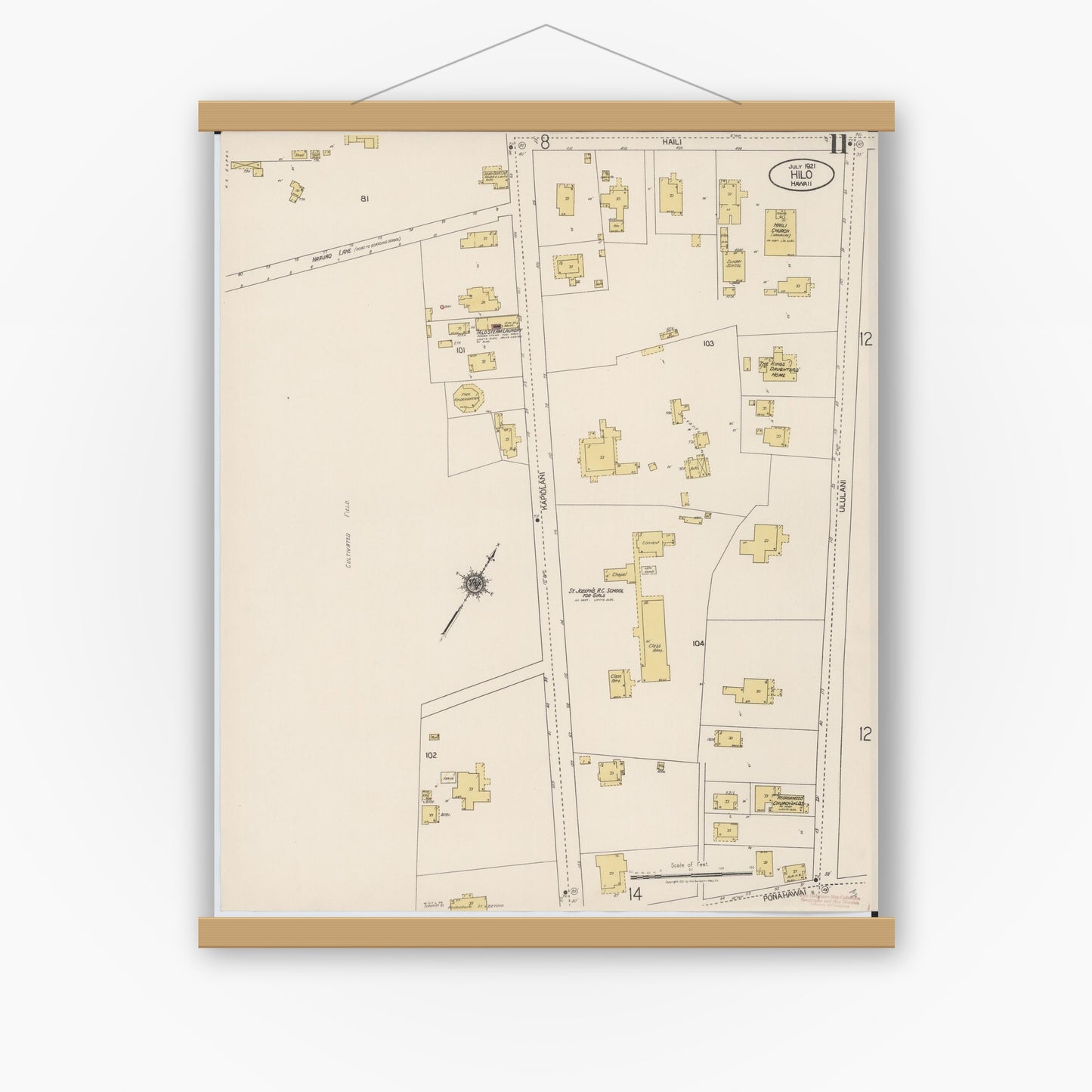 Old map wall art mockup — magnetic wood frame on white wall — Sanborn Fire Insurance Map from Hilo, Hawaii County, Hawaii (1921), Sheet #0011