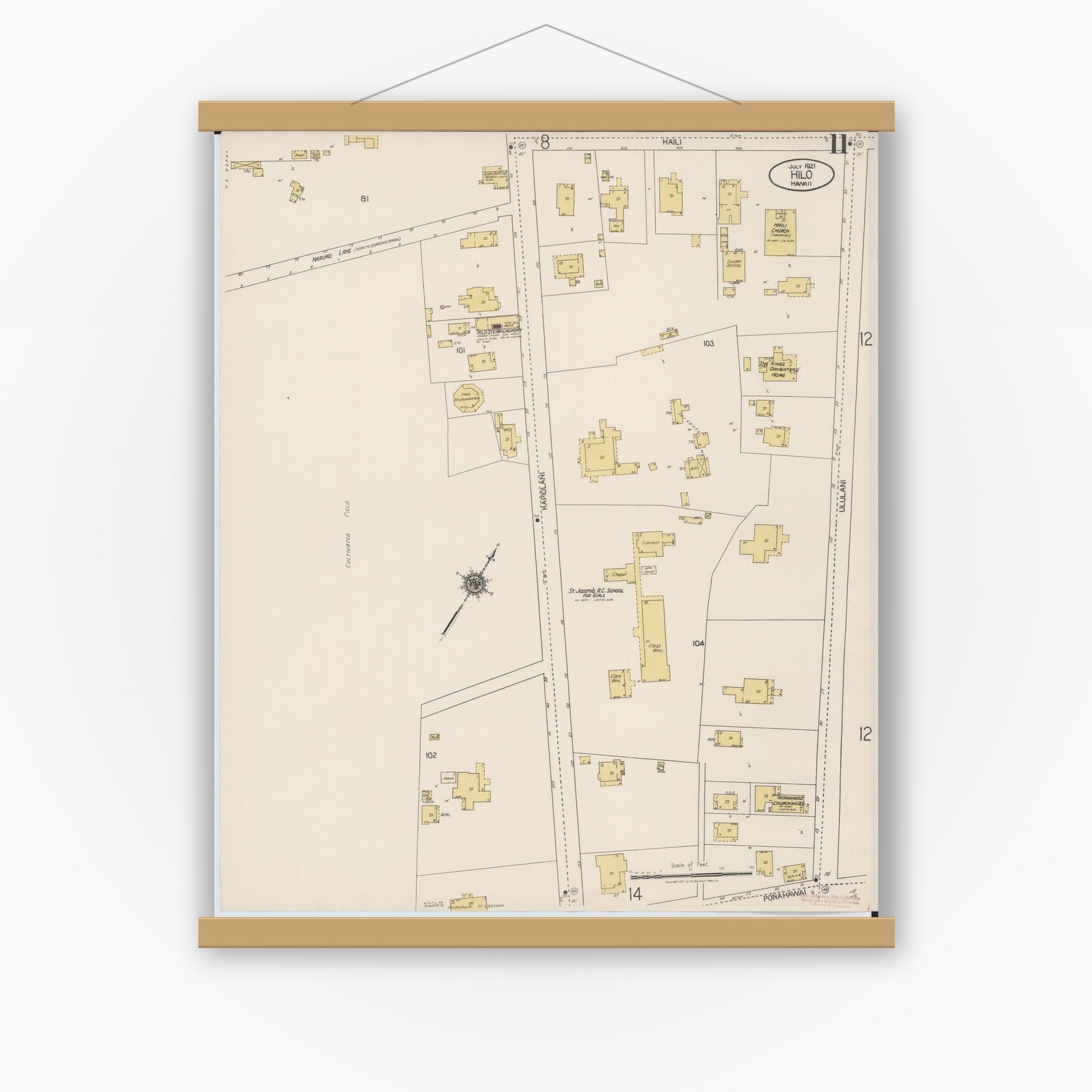 Old map wall art mockup — magnetic wood frame on white wall — Sanborn Fire Insurance Map from Hilo, Hawaii County, Hawaii (1921), Sheet #0011