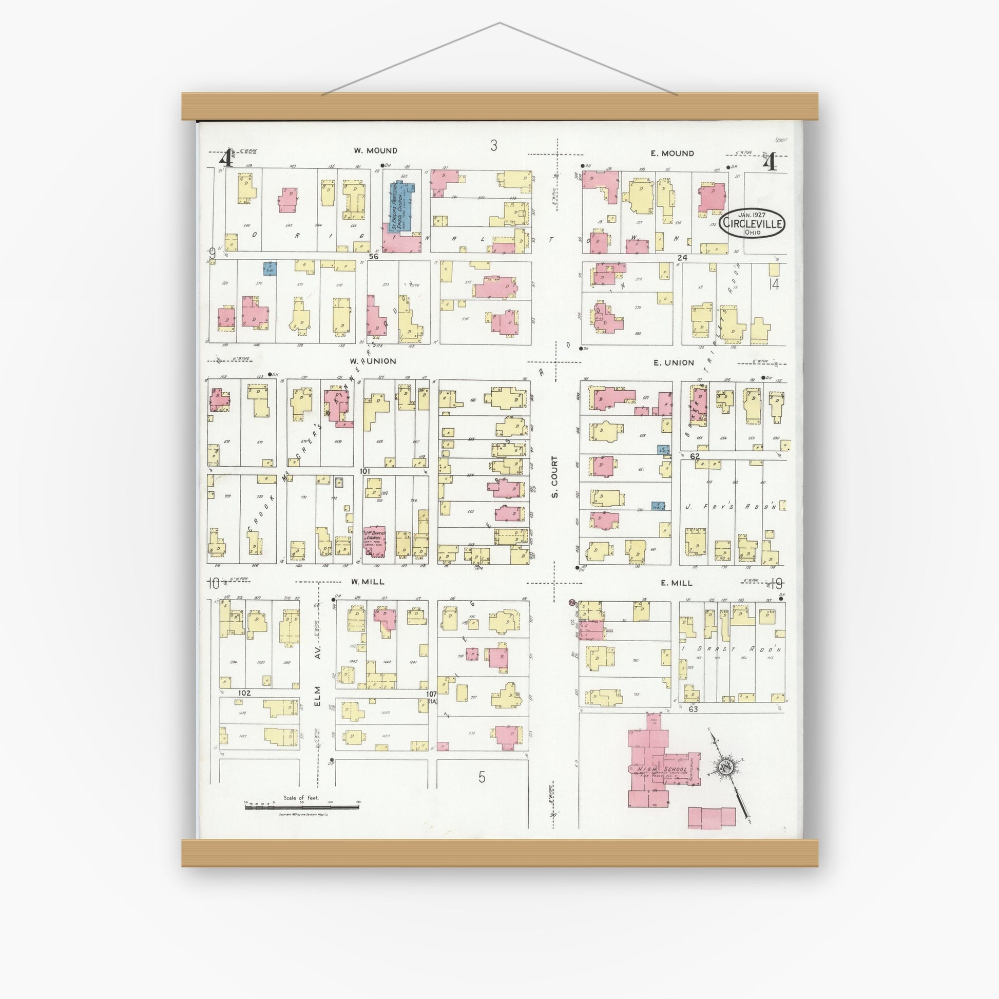 Old map wall art mockup — magnetic wood frame on white wall — Sanborn Fire Insurance Map from Circleville, Pickaway County, Ohio (1927), Sheet #0004