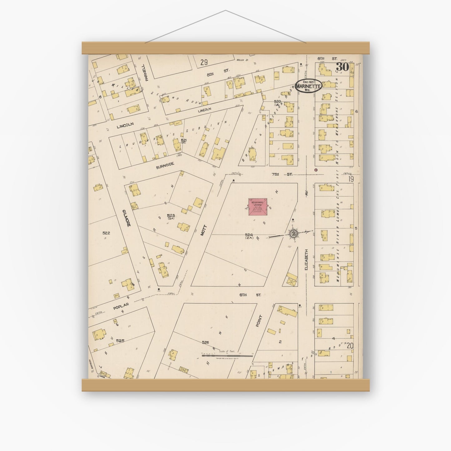 Old map wall art mockup — magnetic wood frame on white wall — Sanborn Fire Insurance Map from Marinette, Marinette County, Wisconsin (1921), Sheet #0030