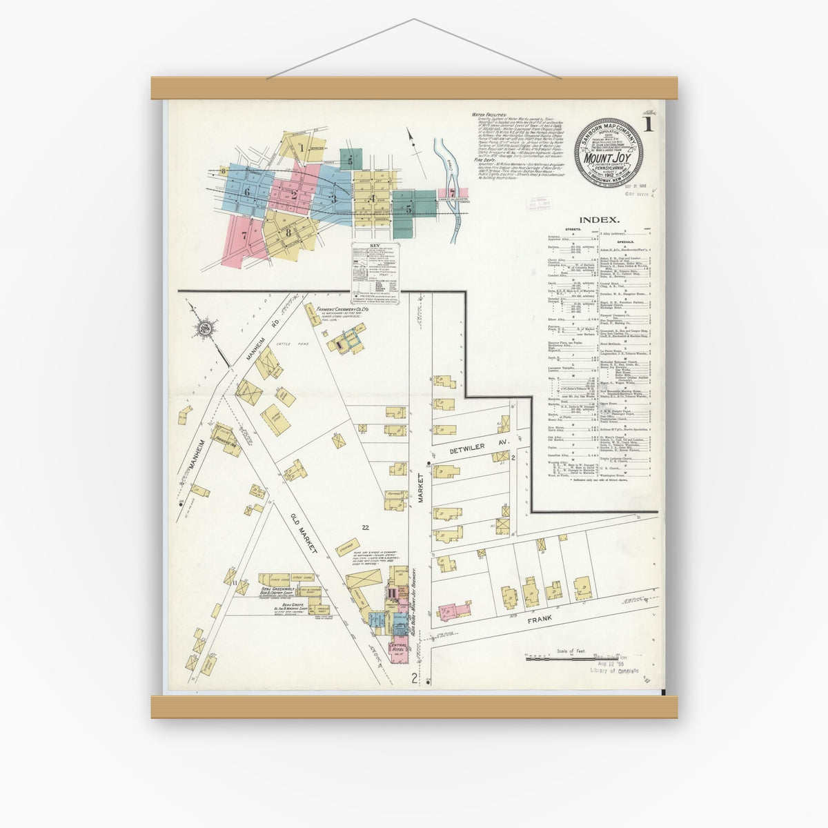 Old map wall art mockup — magnetic wood frame on white wall — Sanborn Fire Insurance Map from Mount Joy, Lancaster County, Pennsylvania (1912), Sheet #0001