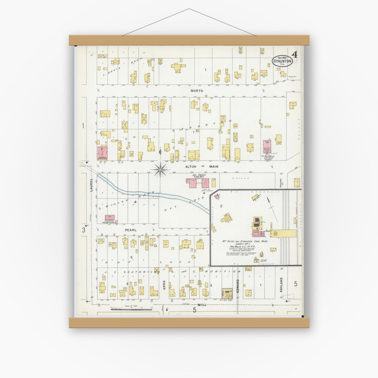 Old map wall art mockup — magnetic wood frame on white wall — Sanborn Fire Insurance Map from Staunton, Macoupin County, Illinois (1899), Sheet #0004