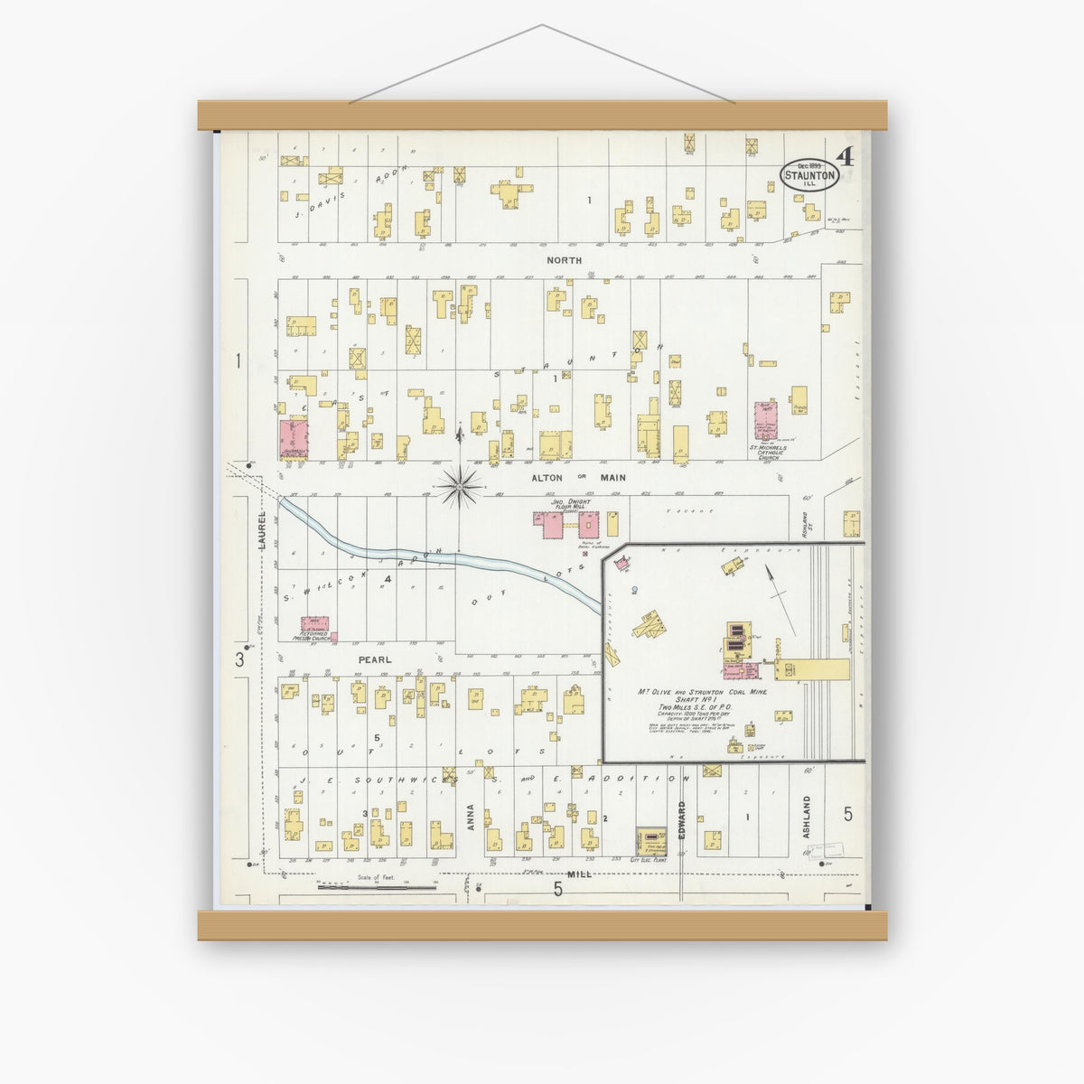 Old map wall art mockup — magnetic wood frame on white wall — Sanborn Fire Insurance Map from Staunton, Macoupin County, Illinois (1899), Sheet #0004