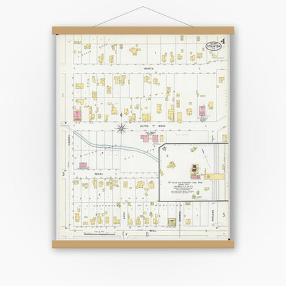 Old map wall art mockup — magnetic wood frame on white wall — Sanborn Fire Insurance Map from Staunton, Macoupin County, Illinois (1899), Sheet #0004