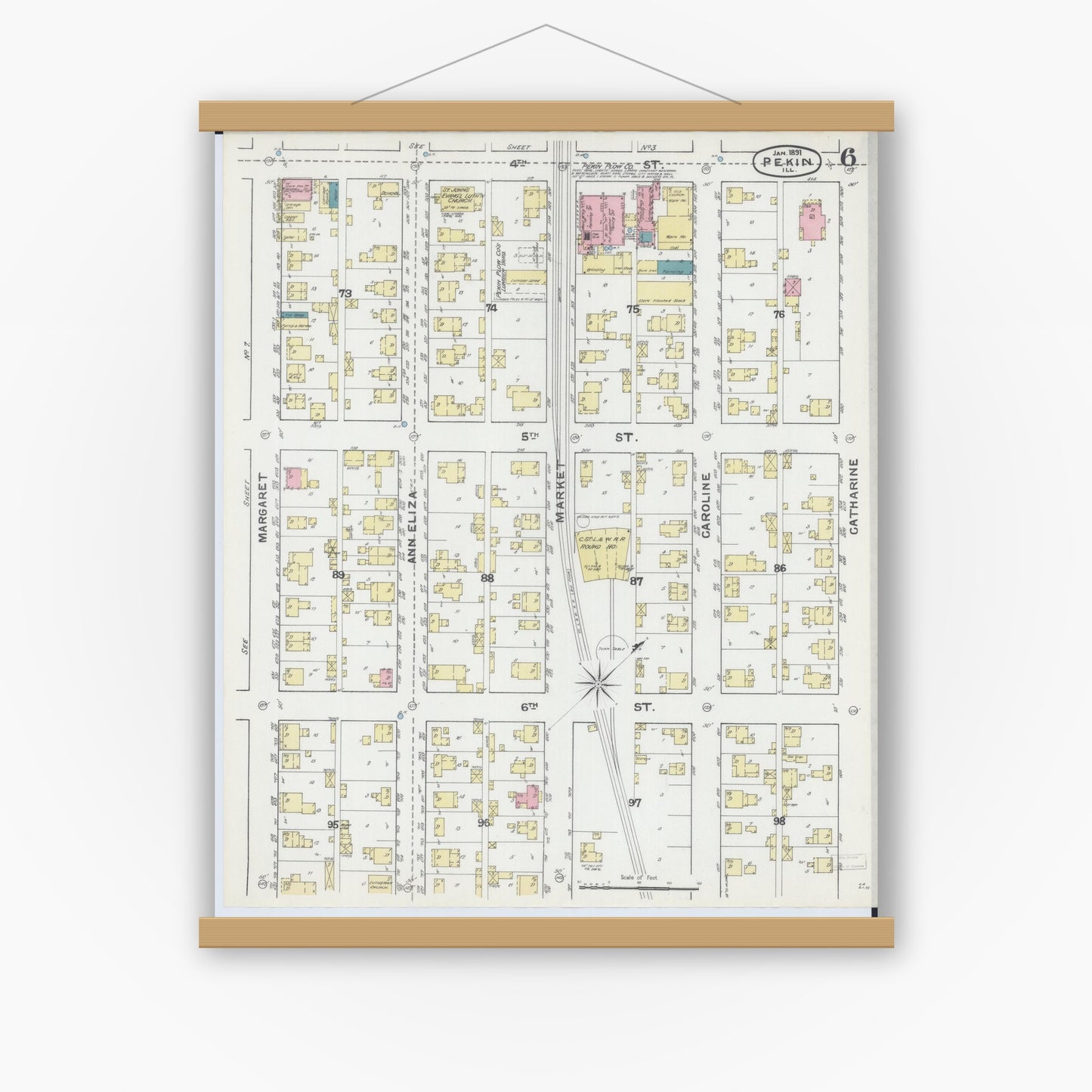 Old map wall art mockup — magnetic wood frame on white wall — Sanborn Fire Insurance Map from Pekin, Tazewell County, Illinois (1892), Sheet #0006