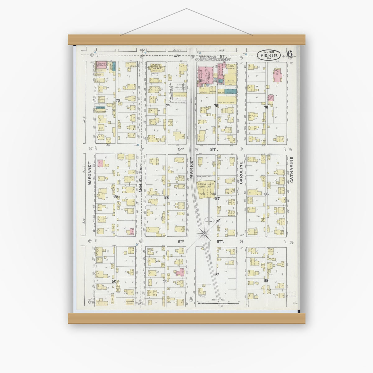 Old map wall art mockup — magnetic wood frame on white wall — Sanborn Fire Insurance Map from Pekin, Tazewell County, Illinois (1892), Sheet #0006