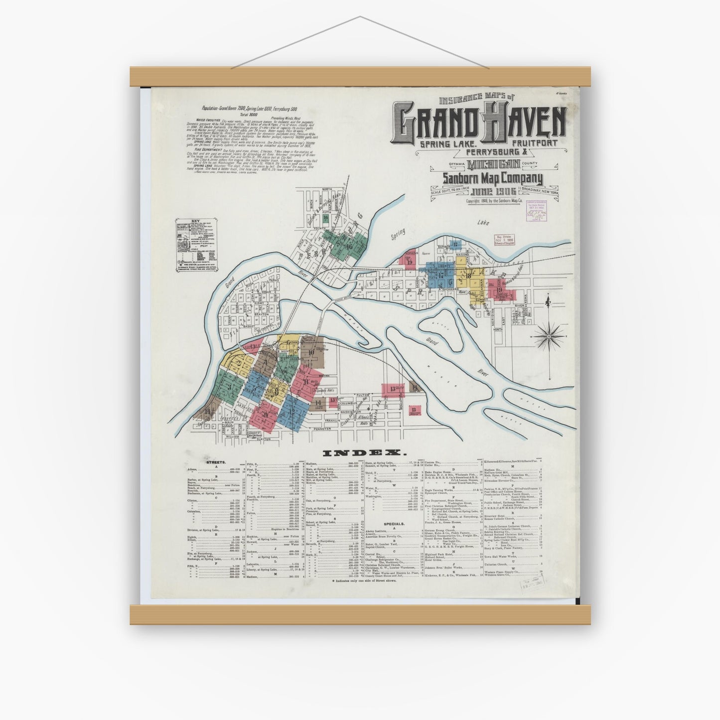 Old map wall art mockup — magnetic wood frame on white wall — Sanborn Fire Insurance Map from Grand Haven, Ottawa County, Michigan (1906) - Complete Map Set