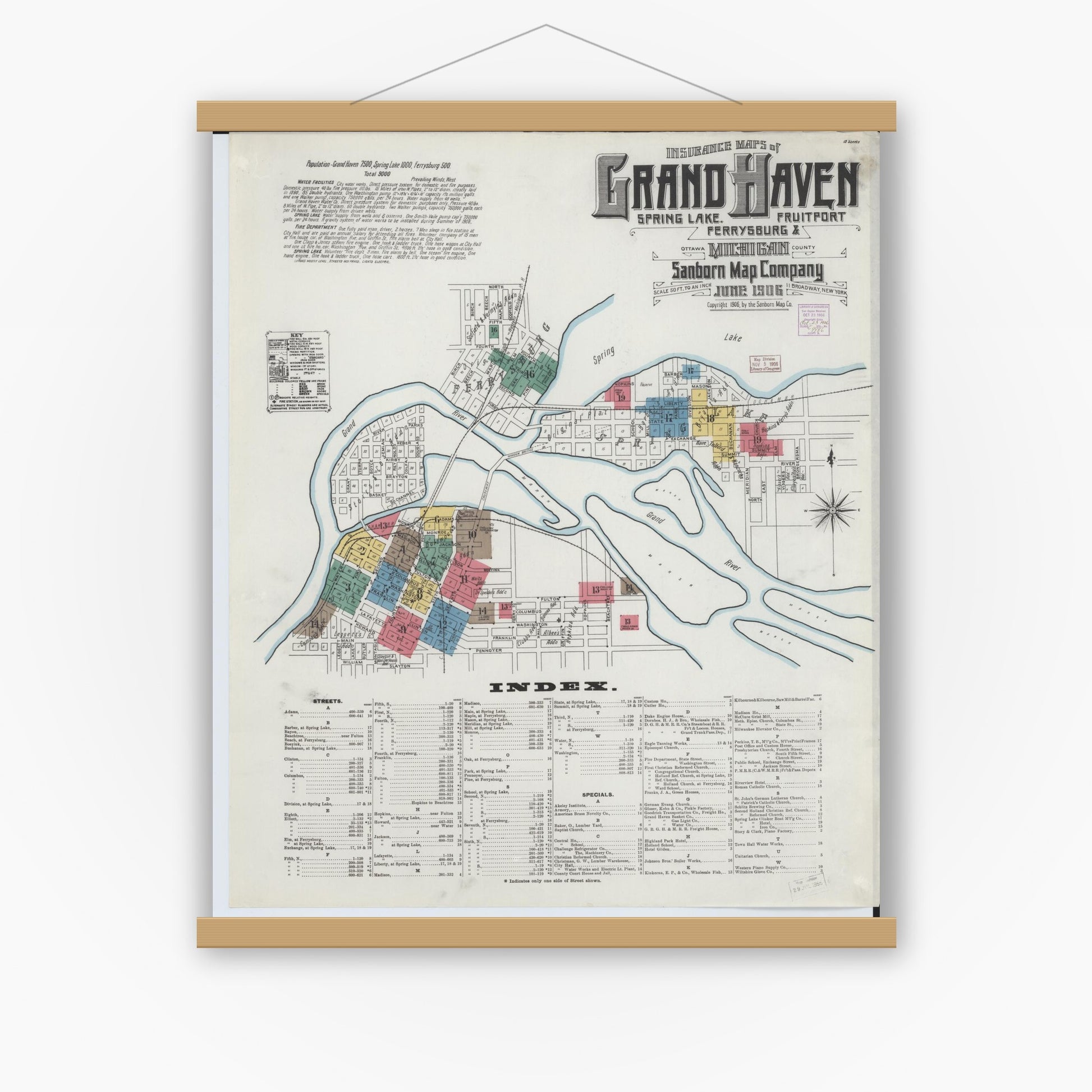 Old map wall art mockup — magnetic wood frame on white wall — Sanborn Fire Insurance Map from Grand Haven, Ottawa County, Michigan (1906) - Complete Map Set