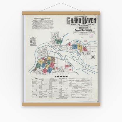 Old map wall art mockup — magnetic wood frame on white wall — Sanborn Fire Insurance Map from Grand Haven, Ottawa County, Michigan (1906) - Complete Map Set