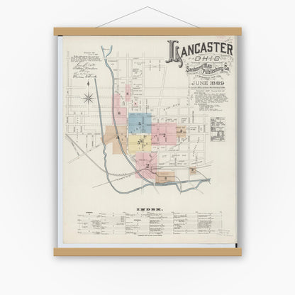 Old map wall art mockup — magnetic wood frame on white wall — Sanborn Fire Insurance Map from Lancaster, Fairfield County, Ohio (1889), Sheet #0001