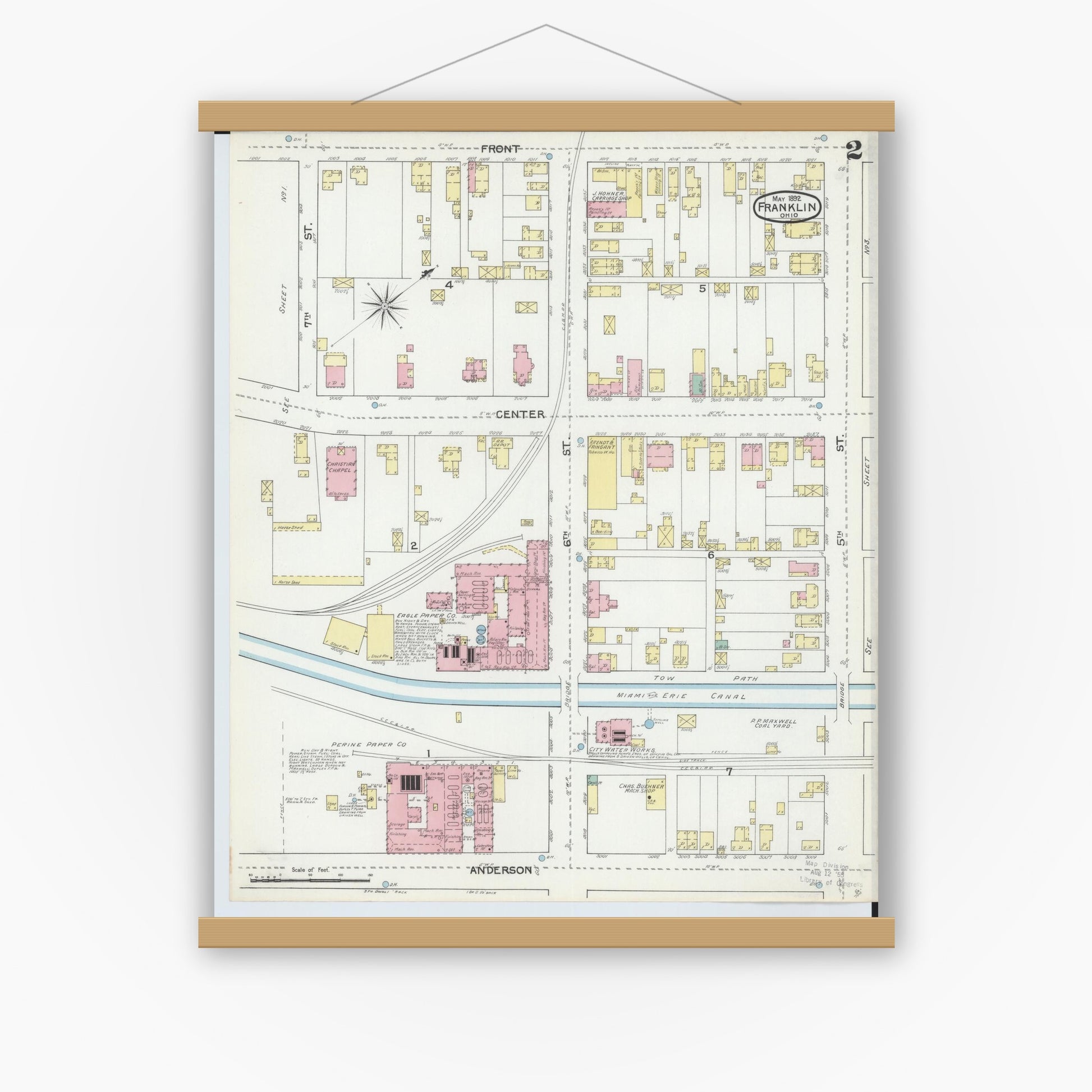 Old map wall art mockup — magnetic wood frame on white wall — Sanborn Fire Insurance Map from Franklin, Warren County, Ohio (1892), Sheet #0002