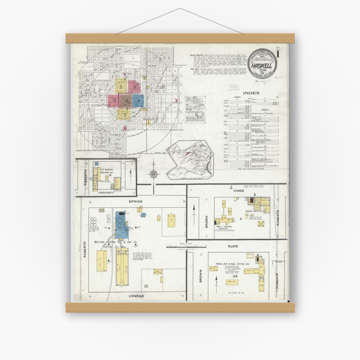 Old map wall art mockup — magnetic wood frame on white wall — Sanborn Fire Insurance Map from Haskell, Haskell County, Texas (1921) - Complete Map Set