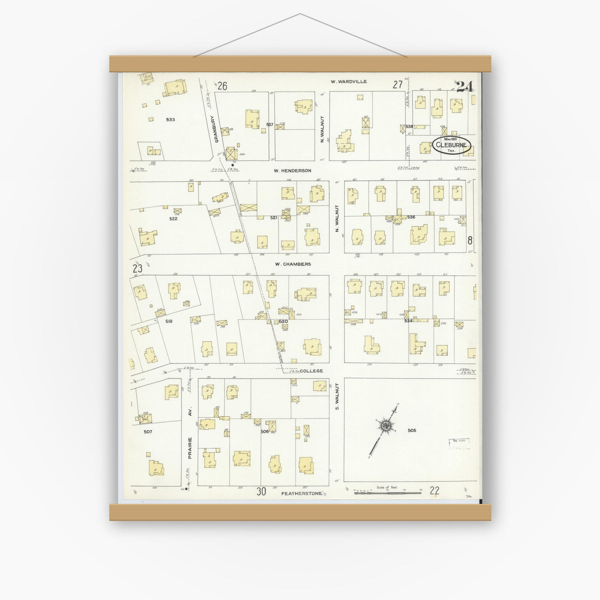 Old map wall art mockup — magnetic wood frame on white wall — Sanborn Fire Insurance Map from Cleburne, Johnson County, Texas (1910), Sheet #0024
