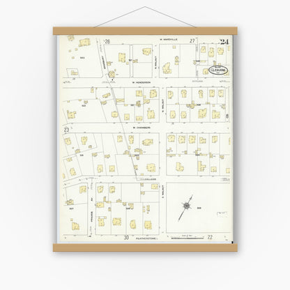Old map wall art mockup — magnetic wood frame on white wall — Sanborn Fire Insurance Map from Cleburne, Johnson County, Texas (1910), Sheet #0024
