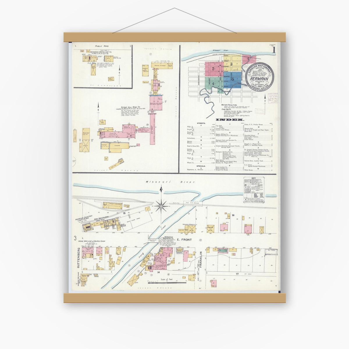Old map wall art mockup — magnetic wood frame on white wall — Sanborn Fire Insurance Map from Hermann, Gasconade County, Missouri (1908) - Complete Map Set