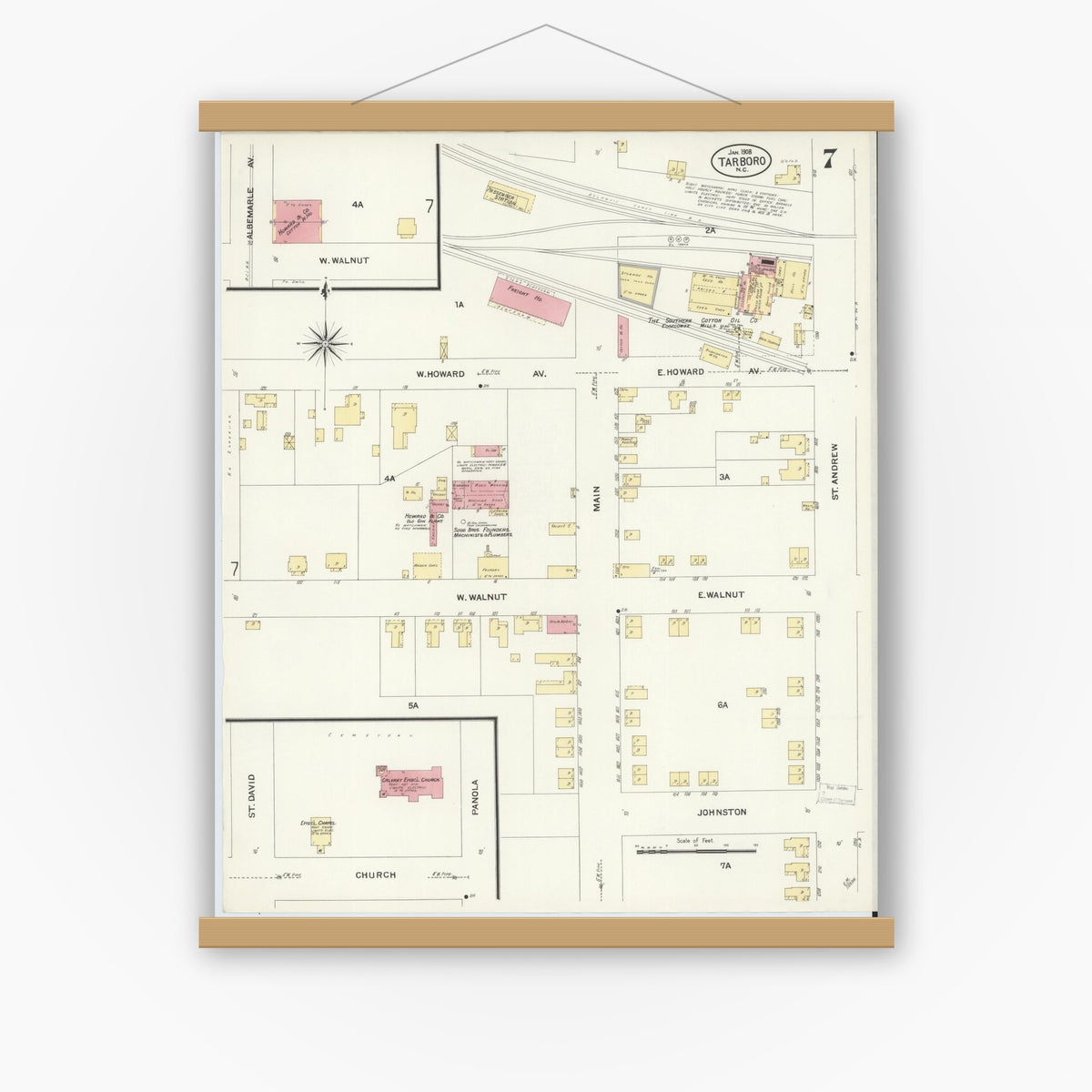 Old map wall art mockup — magnetic wood frame on white wall — Sanborn Fire Insurance Map from Tarboro, Edgecombe County, North Carolina (1908), Sheet #0007