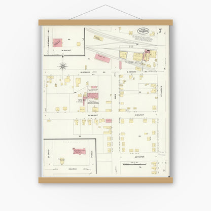 Old map wall art mockup — magnetic wood frame on white wall — Sanborn Fire Insurance Map from Tarboro, Edgecombe County, North Carolina (1908), Sheet #0007