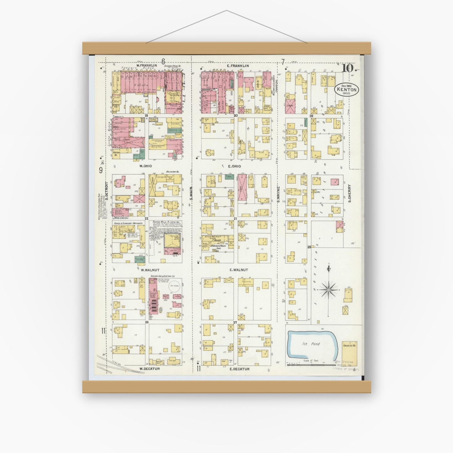Old map wall art mockup — magnetic wood frame on white wall — Sanborn Fire Insurance Map from Kenton, Hardin County, Ohio (1902), Sheet #0010