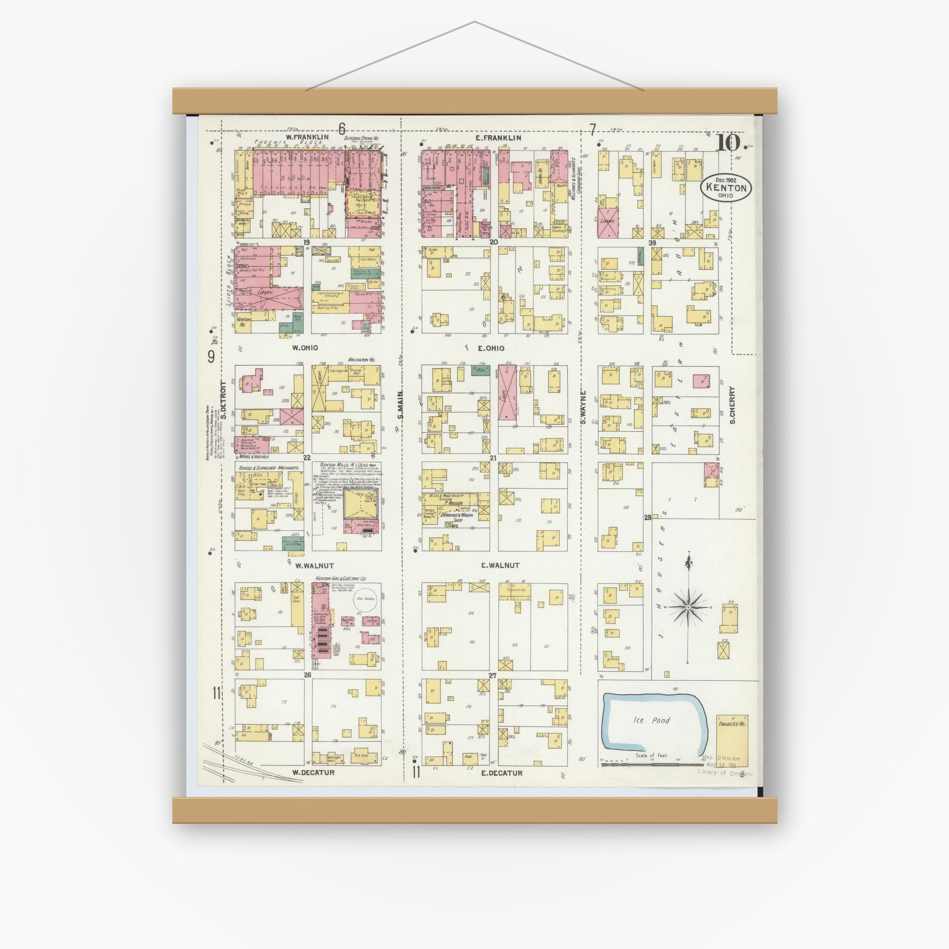 Old map wall art mockup — magnetic wood frame on white wall — Sanborn Fire Insurance Map from Kenton, Hardin County, Ohio (1902), Sheet #0010