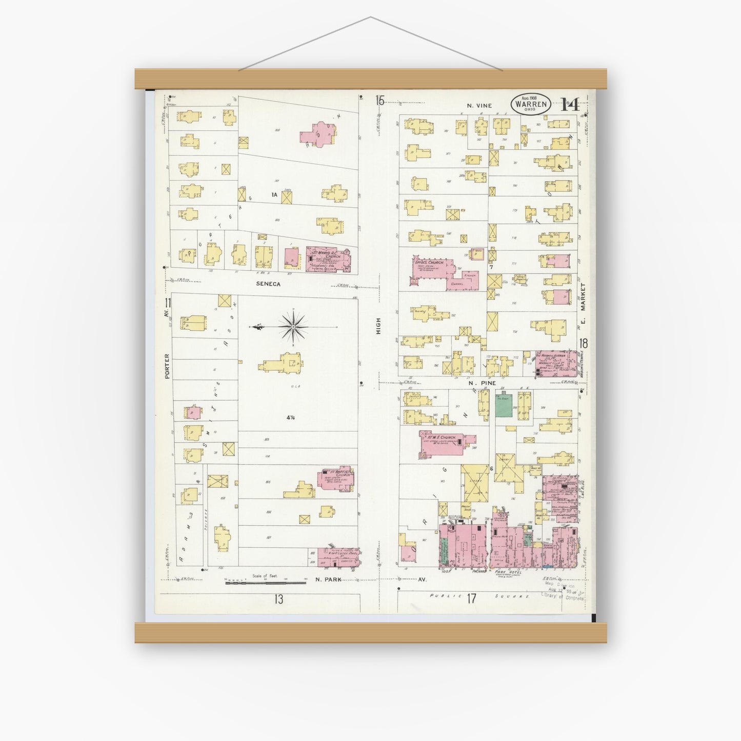 Old map wall art mockup — magnetic wood frame on white wall — Sanborn Fire Insurance Map from Warren, Trumbull County, Ohio (1908), Sheet #0014