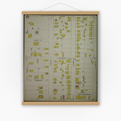 Old map wall art mockup — magnetic wood frame on white wall — Sanborn Fire Insurance Map from Madison, Dane County, Wisconsin (1908), Sheet #0013