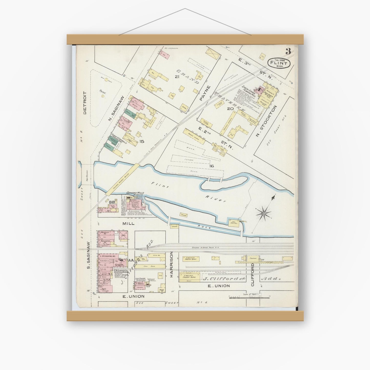 Old map wall art mockup — magnetic wood frame on white wall — Sanborn Fire Insurance Map from Flint, Genesee County, Michigan (1886), Sheet #0003