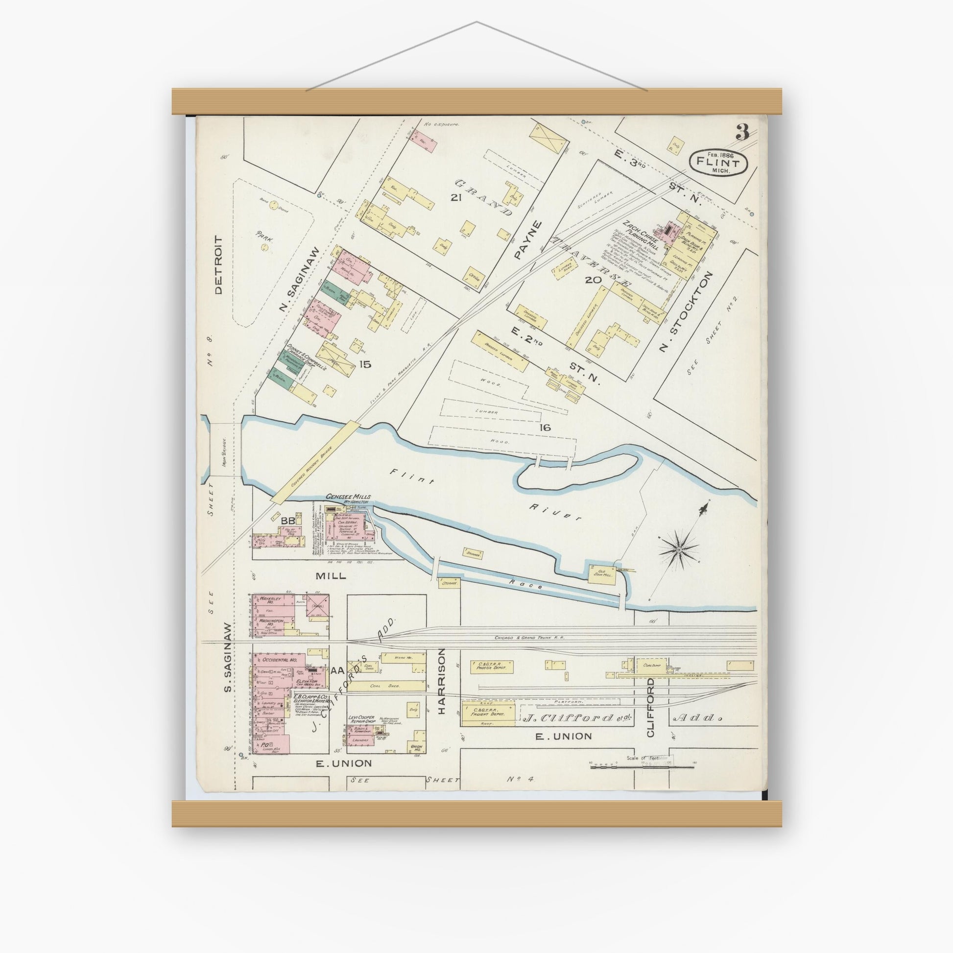 Old map wall art mockup — magnetic wood frame on white wall — Sanborn Fire Insurance Map from Flint, Genesee County, Michigan (1886), Sheet #0003