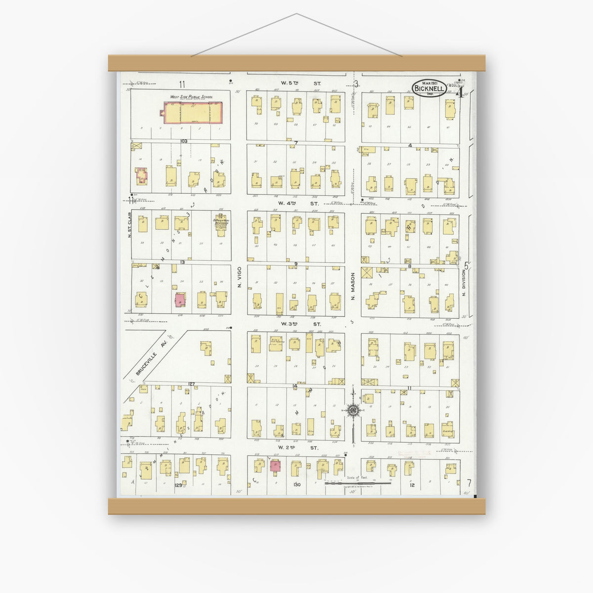 Old map wall art mockup — magnetic wood frame on white wall — Sanborn Fire Insurance Map from Bicknell, Knox County, Indiana (1921), Sheet #0004