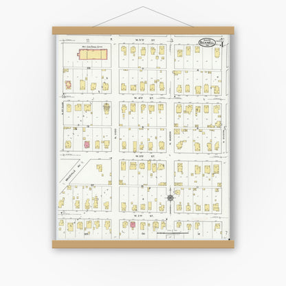 Old map wall art mockup — magnetic wood frame on white wall — Sanborn Fire Insurance Map from Bicknell, Knox County, Indiana (1921), Sheet #0004