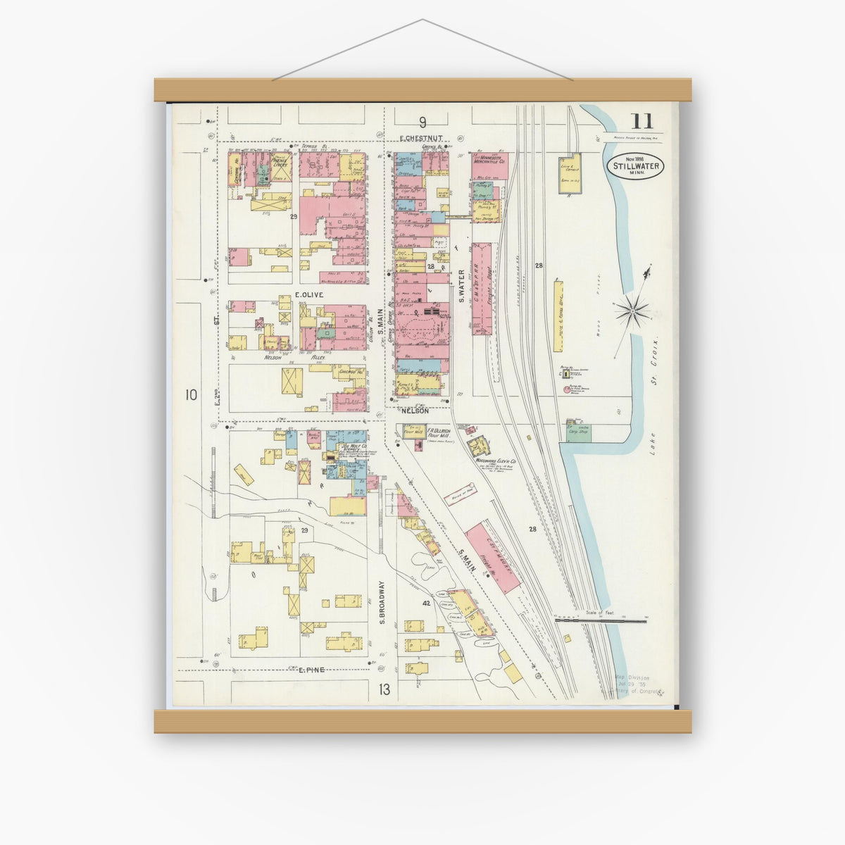 Old map wall art mockup — magnetic wood frame on white wall — Sanborn Fire Insurance Map from Stillwater, Washington County, Minnesota (1898), Sheet #0011