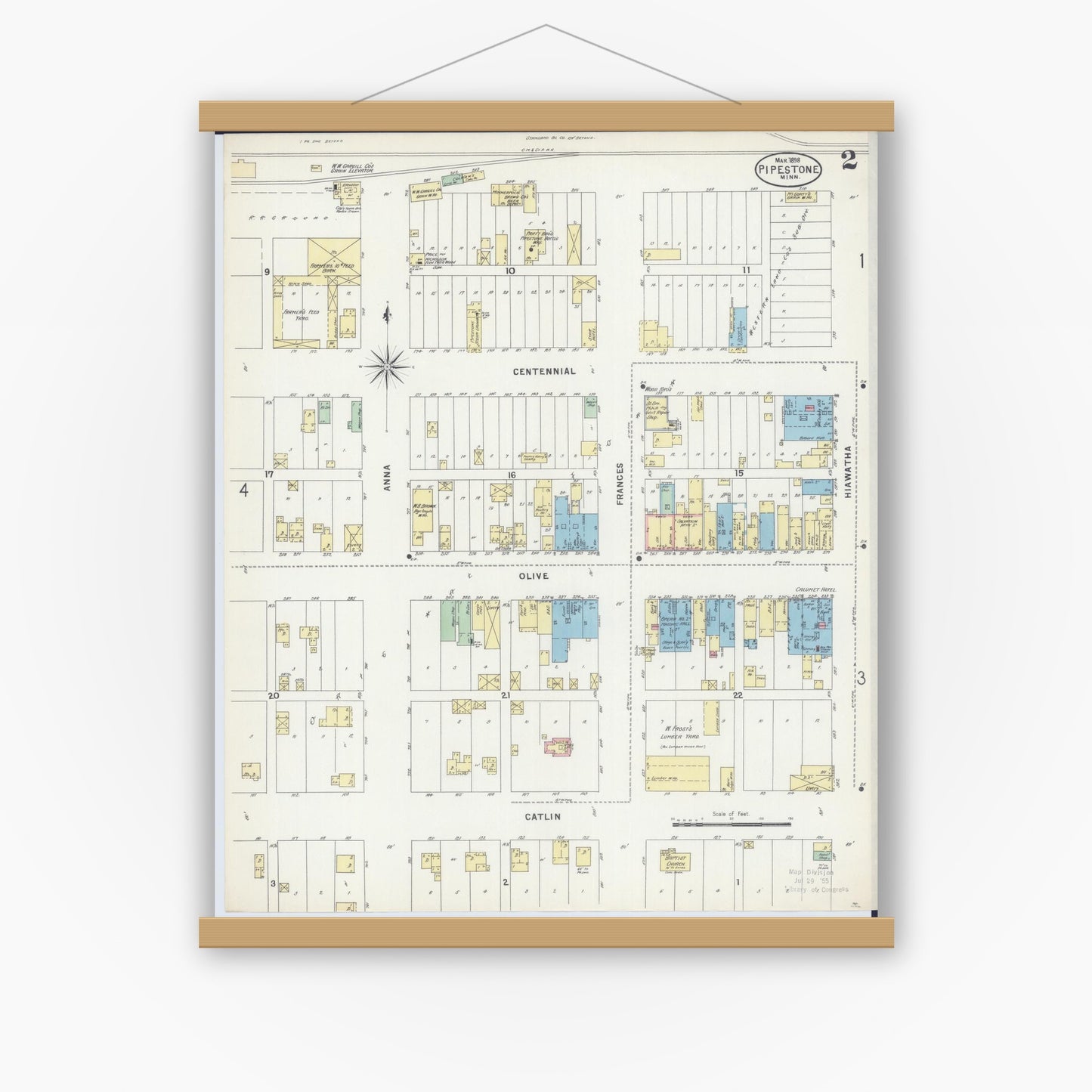 Old map wall art mockup — magnetic wood frame on white wall — Sanborn Fire Insurance Map from Pipestone, Pipestone County, Minnesota (1898), Sheet #0002