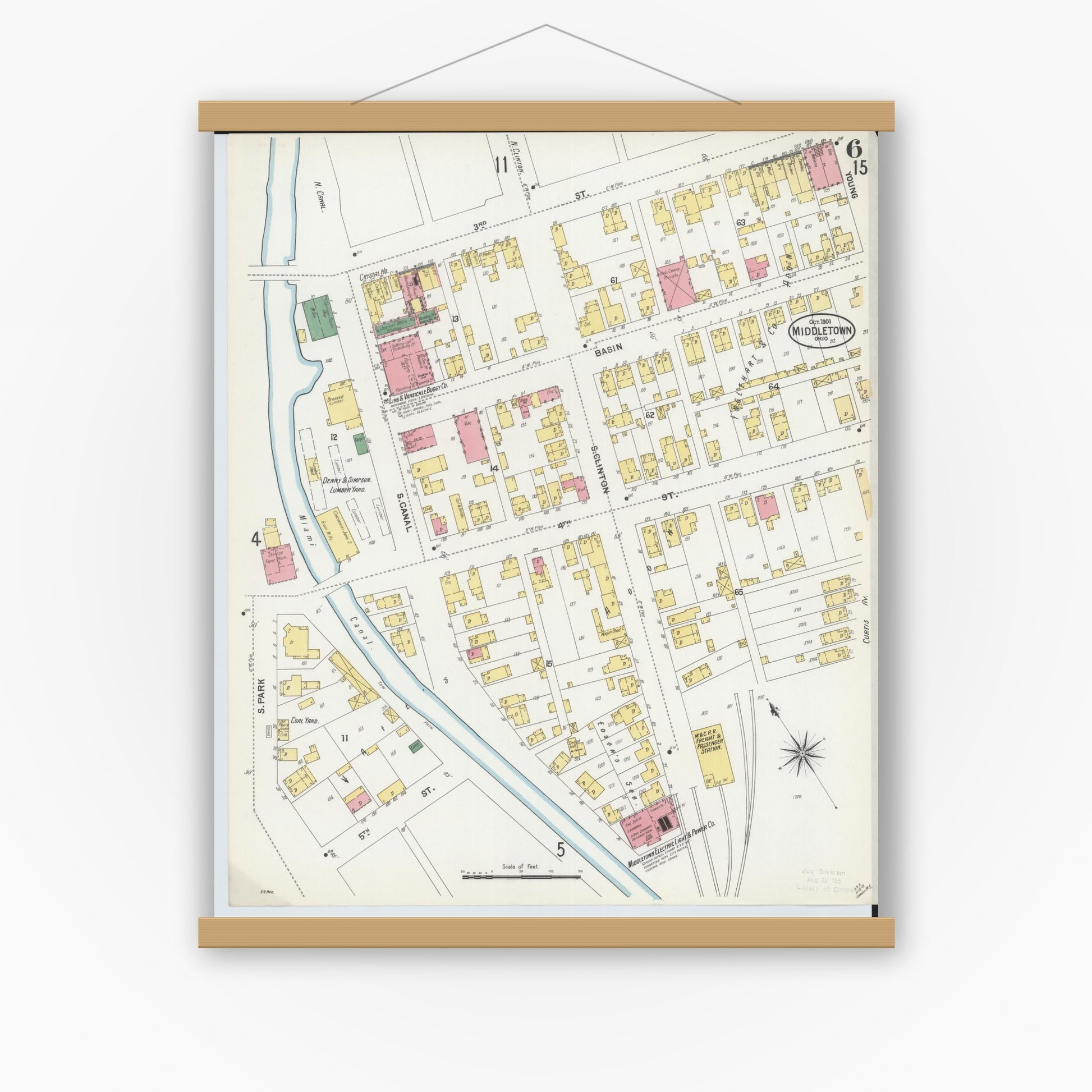 Old map wall art mockup — magnetic wood frame on white wall — Sanborn Fire Insurance Map from Middletown, Butler County, Ohio (1901), Sheet #0006