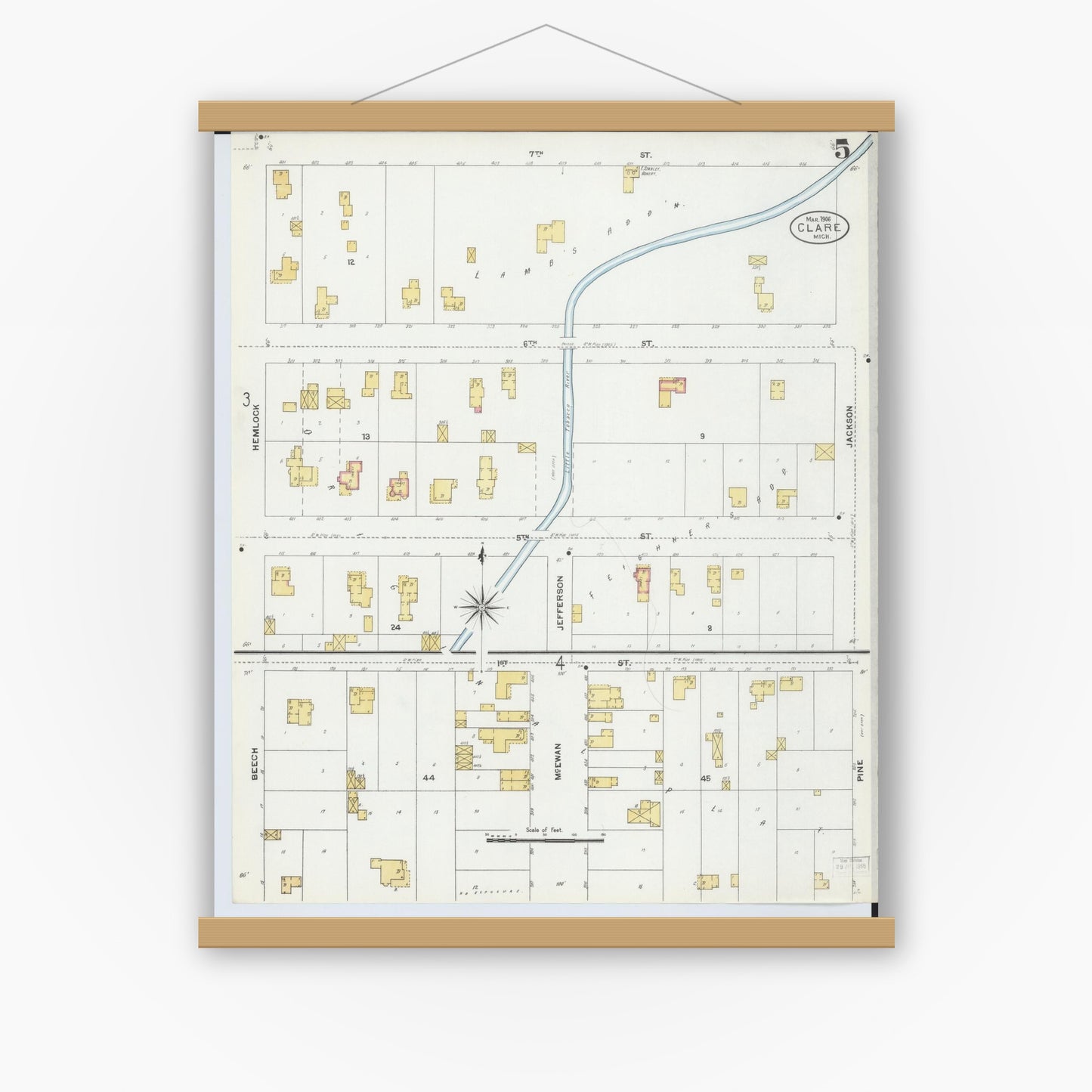 Old map wall art mockup — magnetic wood frame on white wall — Sanborn Fire Insurance Map from Clare, Clare County, Michigan (1906), Sheet #0005