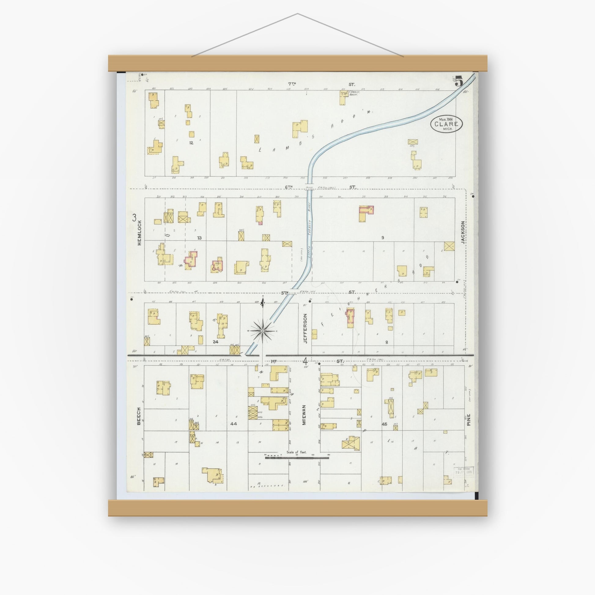 Old map wall art mockup — magnetic wood frame on white wall — Sanborn Fire Insurance Map from Clare, Clare County, Michigan (1906), Sheet #0005
