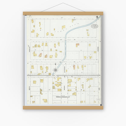Old map wall art mockup — magnetic wood frame on white wall — Sanborn Fire Insurance Map from Clare, Clare County, Michigan (1906), Sheet #0005